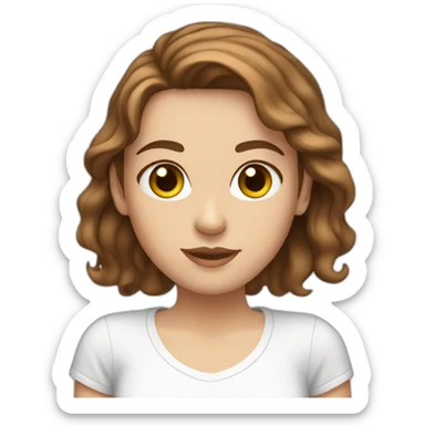 white girl with brown wavy hair and brown eyes and wears white tshirt sticker