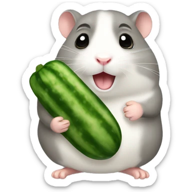 A gray hamster that gnaws a cucumber sticker