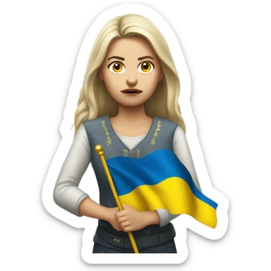 super-realistic angry female Ukrainian holds the ukranian flag sticker