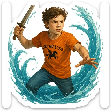 Walker Scobell as Percy Jackson, in action pose, water swirling around him, Camp Half-Blood t-shirt, short brown hair, heroic expression sticker