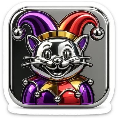 crazy colorful cute little cat jolly joker from poker, medieval, vintage, court jester, mac os icon, purple, gold and red color, half body. Squared shape as 3D mac os icon, symmetrical sticker