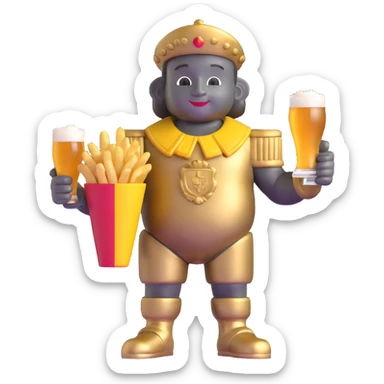 Classic Manneken Pis statue, holding Belgian beer and fries, metallic finish sticker