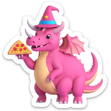 pink triceratops with a wizard hat holding a pepperoni sausage pizza slice sticker