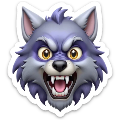 Cinematic Comical Werewolf Portrait Emoji, with a whimsically exaggerated lupine face in vivid moonlit grays and silvers, head cocked in a dramatically shocked expression with comically oversized, wide eyes and a playful snarl, simplified yet hilariously expressive, highly detailed with a soft cartoonish glowing outline capturing the mischievous humor of a werewolf mid-transformation! sticker