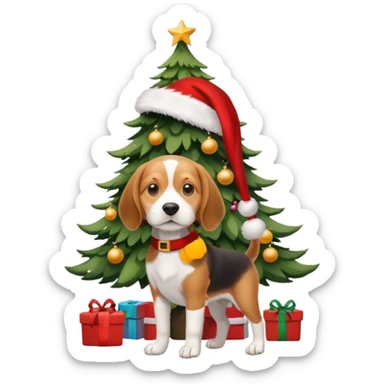 beagle wearing santa hat and standng by the xmas tree sticker