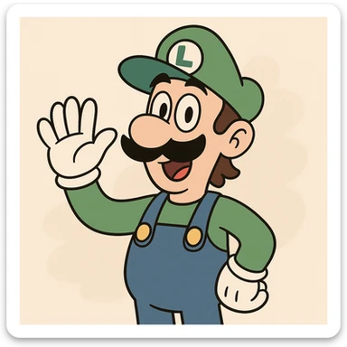 Luigi from Mario & Luigi, waving, green cap with L, blue overalls, white gloves, mustache, cartoon style sticker