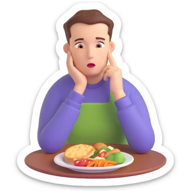 cartoon person with a food plate, hand on chin, pondering whether to eat, visible thought bubble, no background sticker