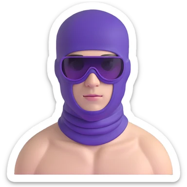 shirtless athletic man with white skin, wearing a purple balaclava face mask and purple sunglasses with black tinted lenses sticker