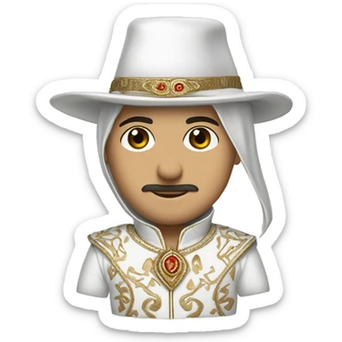 An emoji of a traditional Turkish circumcision outfit, featuring a white suit with decorative embroidery, a cape, and a matching hat adorned with feathers sticker