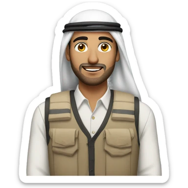 an arab guy with a  vest infront of a building sticker