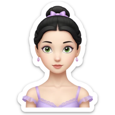 Cinematic Realistic ballerina Light Purple Portrait, depicted with lifelike skin texture, subtle rosy undertones, and soft natural lighting that enhances the gentle contours of her face. Her intricately detailed sweet black hair is elegantly styled, green eyes sticker