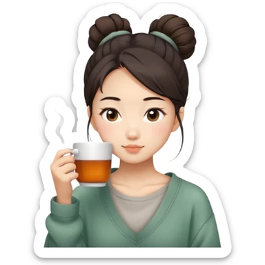 Asian girl with messy bun and comfy clothes drinking hot tea sticker