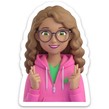 girl with dark blonde wavy hair, green eyes, pink hoodie, brown glasses, smiling sticker