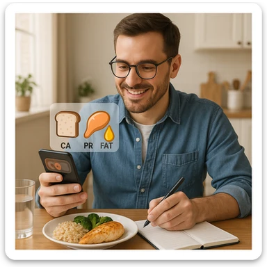 Add clear elements indicating the man is counting macronutrients: include icons or symbols of carbohydrates, proteins, and fats such as a slice of bread, a chicken breast, and a drop of oil near the food or on the smartphone/notebook screen. Maintain a realistic style and a positive atmosphere. sticker