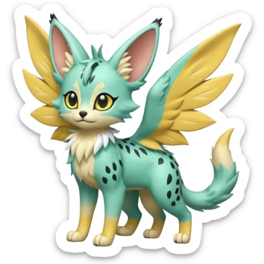 Epic complex detailed pastel minty green, pastel beige yellow pastel realistic aesthetic-scenic-Fakémon-Zorua-Litten-Trico-Sergal-Serval-Vernid-creature (full body) with far wings, shiny sparkly fairycore theme  sticker