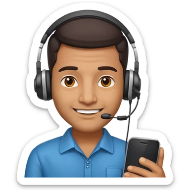 Indian man with a headset, smirking, holding a phone sticker