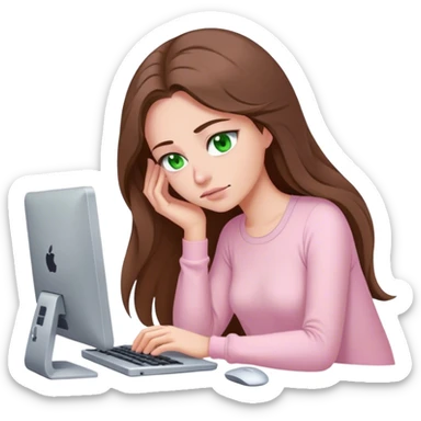 pretty woman with very long brown hair and green eyes and light pink outfit sleepy working on a computer sticker