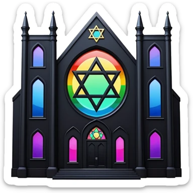 jewish synagogue temple in dark goth aesthetic style with black building and rainbow tint glass windows and star of david sticker