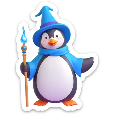 ios 3D style emoji of a penguin wizard with a blue hat and wand, casting a spell sticker