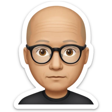 Almost bald 50 year old man of mixed descent, half Asian, half White wearing black thick-rimmed glasses. sticker