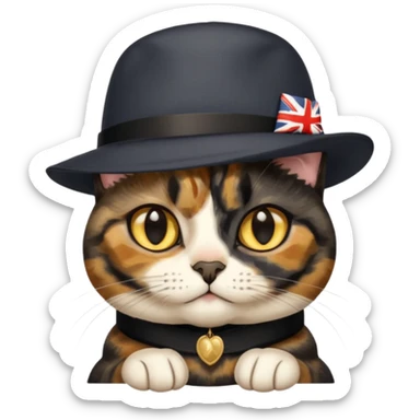 mostly black tortie cat, gold eyes, british hat sticker