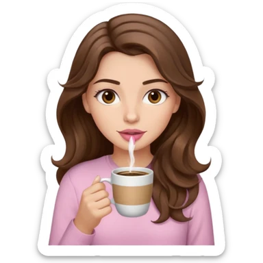 girl with wavy long brown hair, brown eyes, light to medium complexion, long lashes, light pink lipstick, wearing light pink shirt, sipping coffee sticker