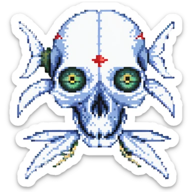 pixel art fish skull logo with X eyes and bone elements sticker