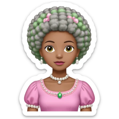 Pretty Brown woman with a very very short stylish gray Afro  wearing pink and green dress  and pearl blouse with sleeves sticker
