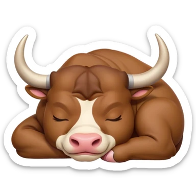 meme-worthy-cute-sleeping-domestic-bull-portrait-emoji,-head-resting-peacefully-with-a-contented-smile,-showcasing-a-robust,-muscular-build-and-a-luxuriously-soft-coat,-eyes-gently-closed-in-serene,-restful-slumber,-simplified,-solid-brown sticker