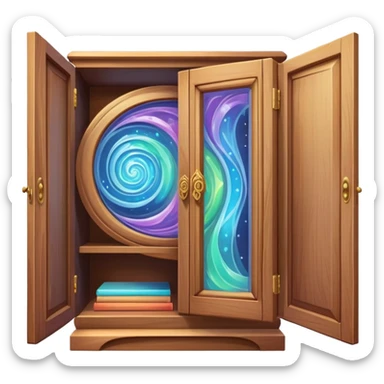 magical vanishing cabinet with doors partially open showing mystical energy inside sticker