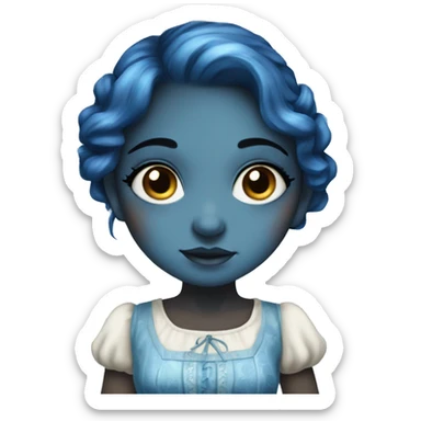 A beautiful blue skinned fantasy girl who has dark blue hair that shines. She has freckles on her nose and wears a cottage dress. sticker