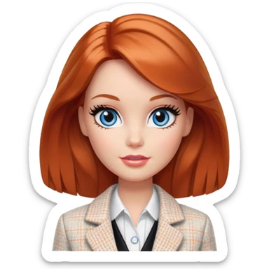 A Barbie girl with blue eyes, shoulder-length reddish-brown hair with makeup, wearing a white tweed jacket and a black skirt stands with hiskin orange cream sticker