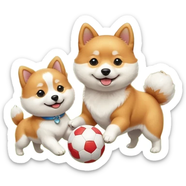 2 dogs, a ginger shiba inu and a small white dog breed coton de tulear, playing with a ball in a sunny garden sticker