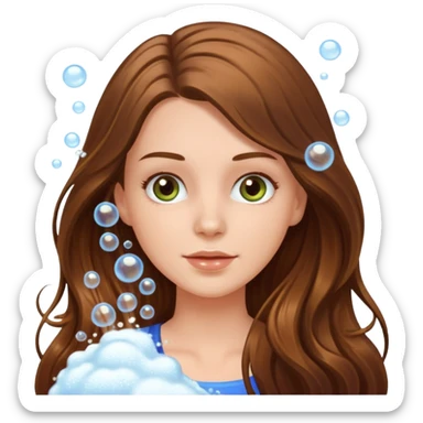 white long brunette hair girl with hazel eyes in the shower putting shampoo in with lots of bubbles sticker
