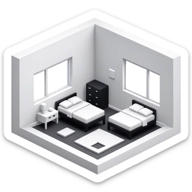 An isometric 3D room with two white walls that meet at the back left and right and a single Window. Black and White Home Office Room sticker