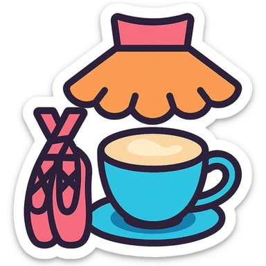 a cappuccino cup with ballet shoes and a pinkish-orange tutu, icon style sticker