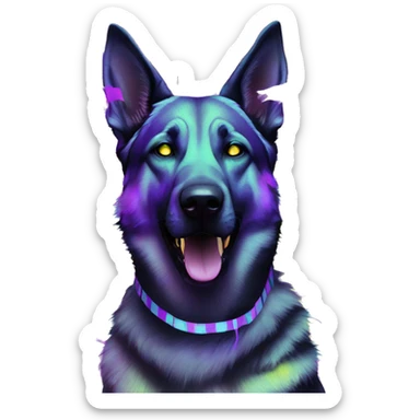 .Zombie_ Vaporwave black holographic oilslick zombie yellow Labrador German shepherd zombie dog yellow caution tape graffiti stripes iridescent blue purple mane yellow stripes sticker