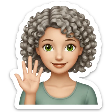 silver, short, wavy-haired with curls, smiling pretty lady, 2 fingers crossed on one hand, green/brown eyes sticker