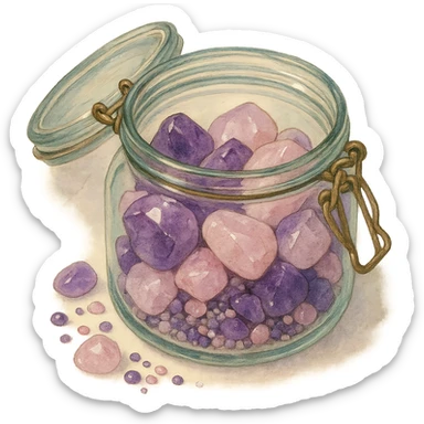 realistic amethyst and rose quartz crystal pieces in an open glass jar, different shapes and sizes, pretty small pebbles, mixed together, natural colors, soft, fairy-like atmosphere, no background, square size sticker