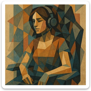 female streamer with headphones and a gaming chair, cubist abstraction style sticker