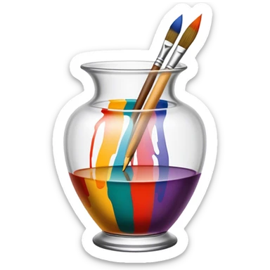 Glass painting icon, colorful brushstrokes on a glass vase, intricate painted patterns on the surface, visible fine paintbrush and palette beside it, no liquid inside the vase, minimalistic style, clean lines, transparent background. sticker