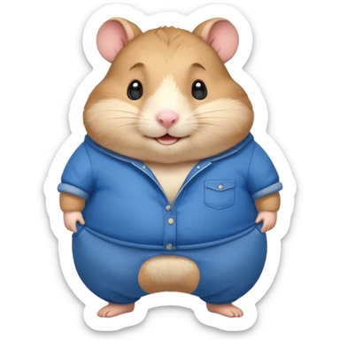 Cute chubby cartoon-style hamster wearing XXL pants that are WAY too big, proud and smiling expression. Painterly shading, white background, sticker-style illustration sticker