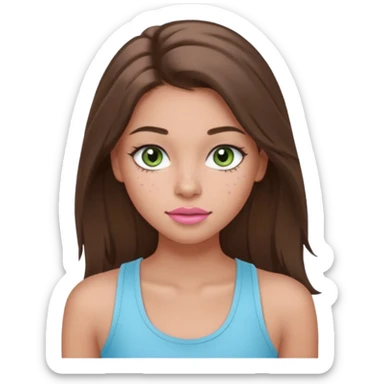 Create a teen girl wearing a light blue tank top. She will have long brunette hair, tan skin, pink lips, and grey-green eyes. She has long eyelashes. She also has light freckles  sticker