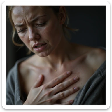 close-up hyperrealistic woman with intestinal disorders, tense and suffering face, hand pressing on abdomen, realistic details, 4K quality, neutral background sticker