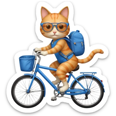 A cat is riding a bicycle and wearing a backpack. sticker
