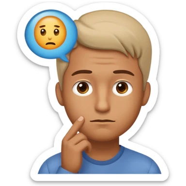 Realistic emoji-style man in simple everyday clothes, looking thoughtful and analytical. A thought bubble above his head shows a critical-thinking icon (question mark + magnifying glass). Soft lighting, expressive critical facial expression. sticker