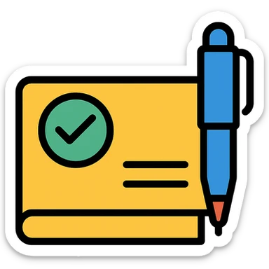 closed checkbook with a pen icon sticker
