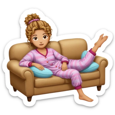 Tan curly messy bun lying on couch in pjs and slippers sticker