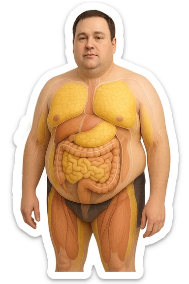 an adult man with a visibly overweight physique stands in a clinical setting. Semi-transparent overlays highlight areas of fat accumulation, especially around the abdomen, chest, and thighs. The fat tissue is shown in yellow, contrasting with underlying muscles and organs. The background is clean and modern, emphasizing the educational aspect. senza scritte sticker