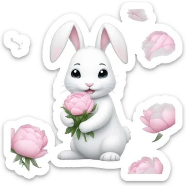 cute white bunny holding light pink peonies sticker